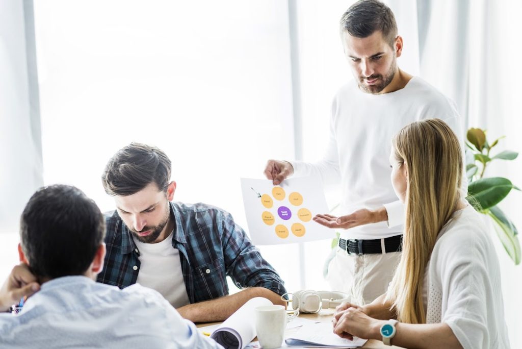 businessman showing chart his female employee workplace