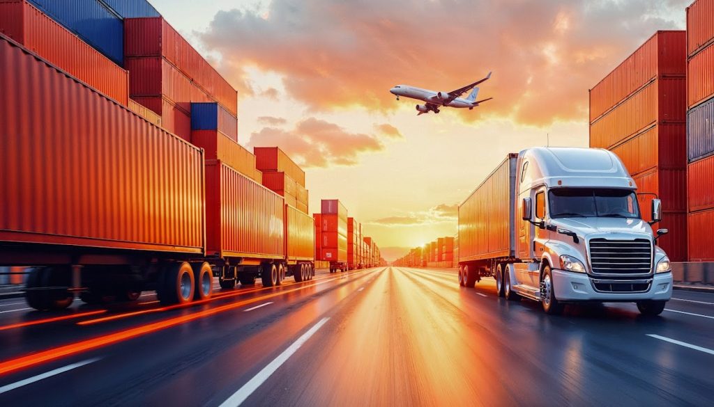 freight transportation sunset with trucks airplane