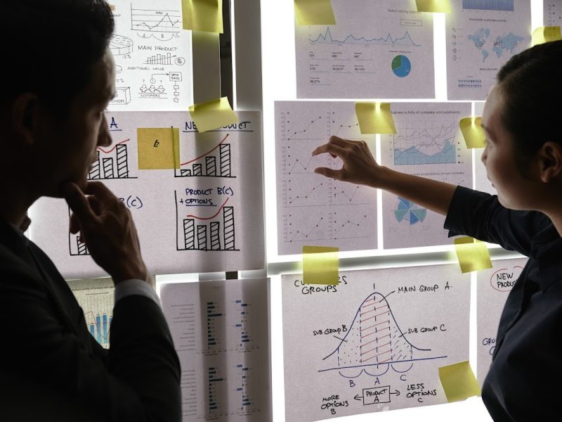 Financial managers analyzing financial reports and charts hanging on the wall